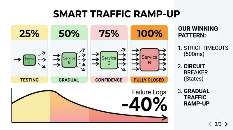 Smart traffic ramp-up: 25% testing → 50% gradual → 75% confidence → 100% fully closed, failure logs down 40%